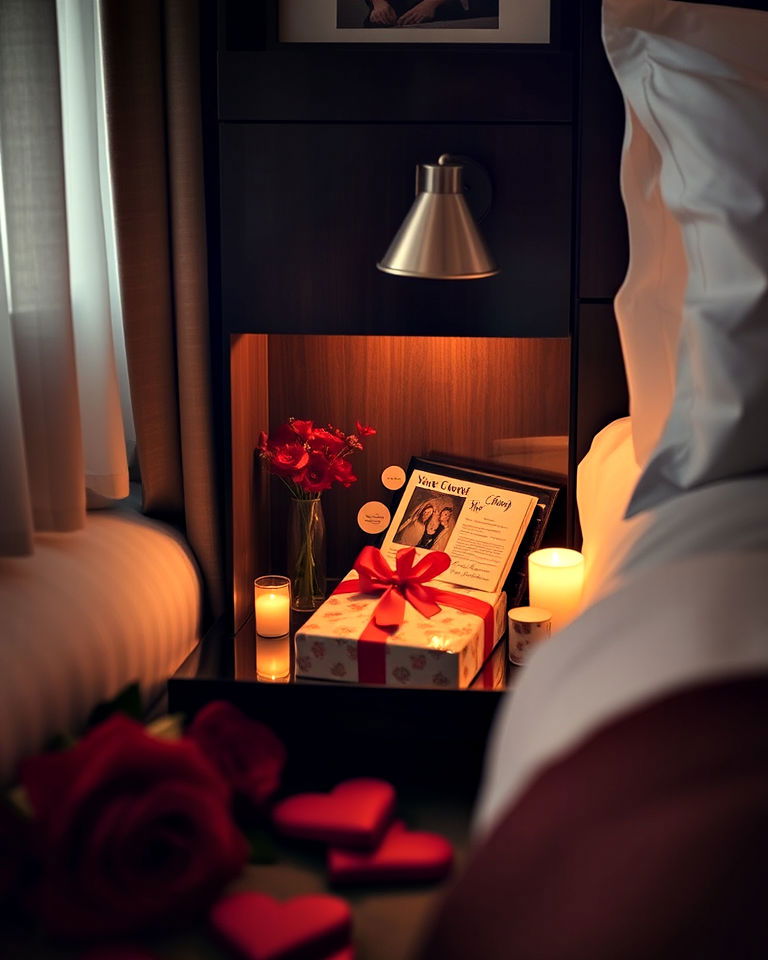 heartfelt gift corner for personalized items - 30 Romantic Hotel Room Ideas