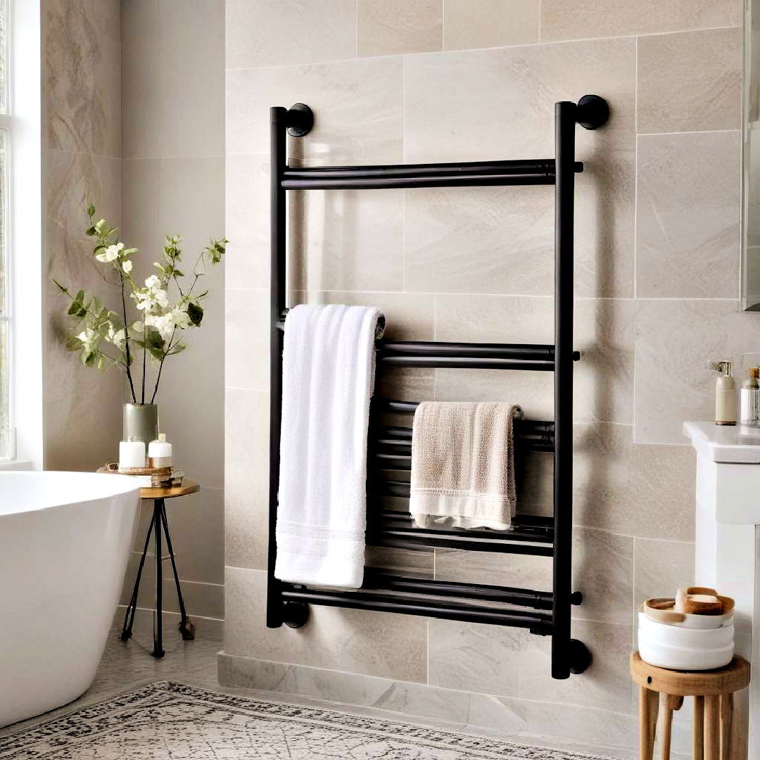 heated towel rack - 40 Bathroom Decor Ideas