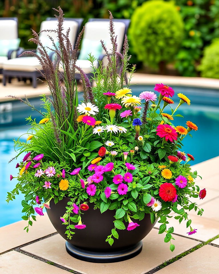 herb and flower combo for pool planters - 30 Pool Planter Ideas