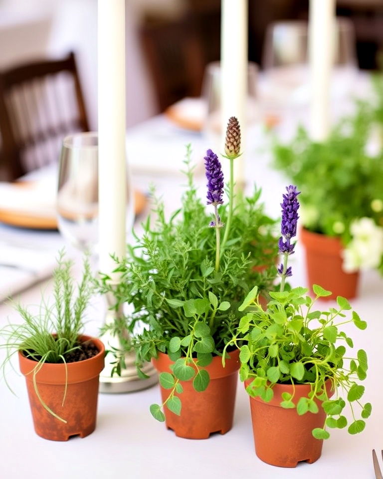 herb filled pots for garden themed wedding - 30 Wedding Table Decoration Ideas