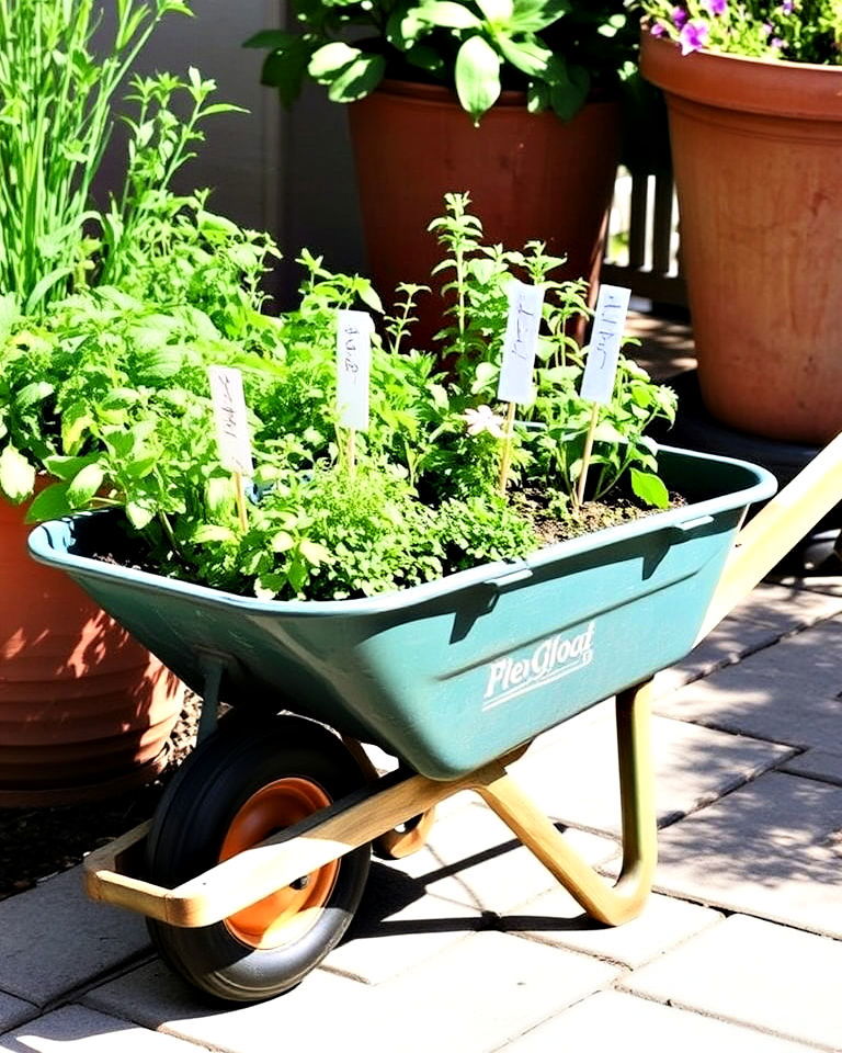 herb garden on wheelbarrow - 25 Old Wheelbarrow Ideas