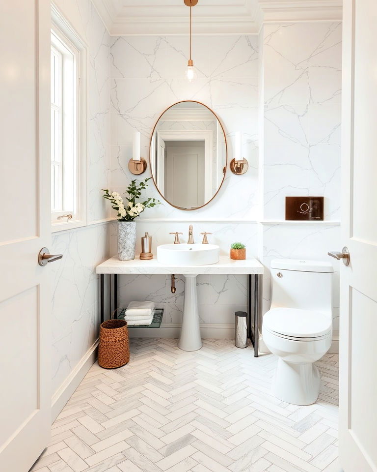 herringbone marble for powder room floor - 25 Powder Room Floor Tile Ideas