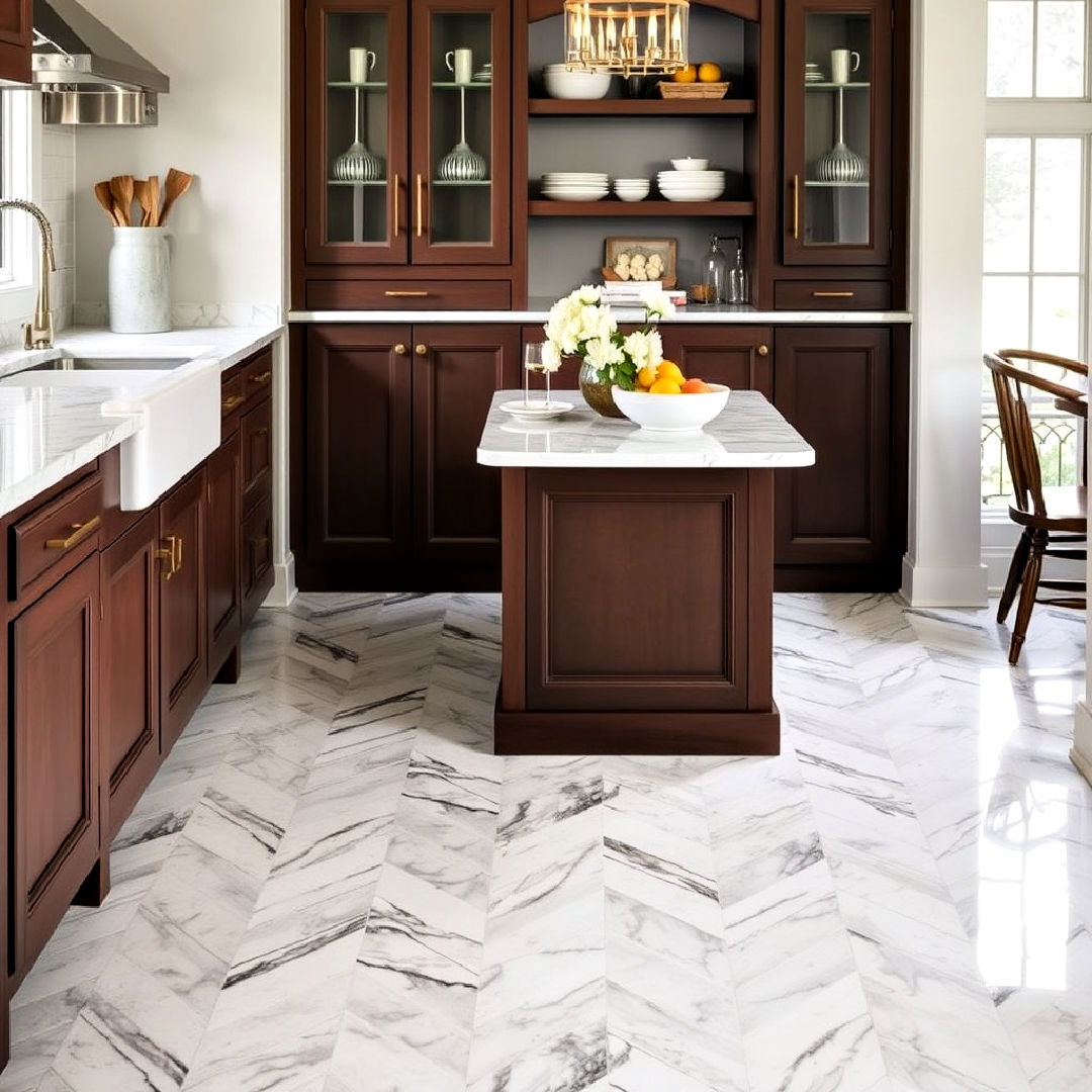herringbone marble pattern kitchen floor - 20 Marble Kitchen Floor Ideas