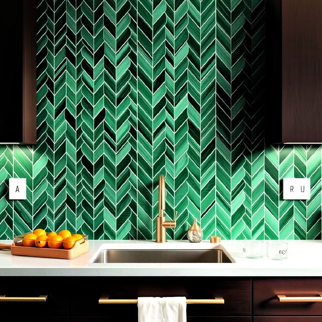 herringbone patterned emerald green backsplash - 25 Emerald Green Kitchen Ideas