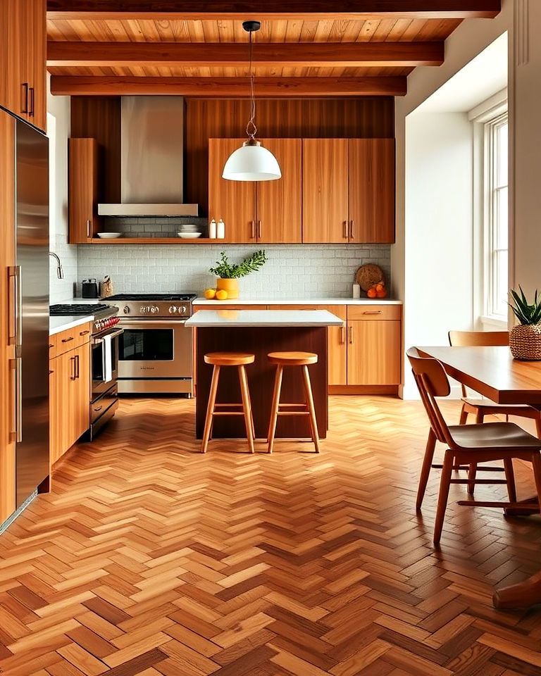 herringbone patterned wood floor - 40 Mid-century Modern Kitchen Ideas