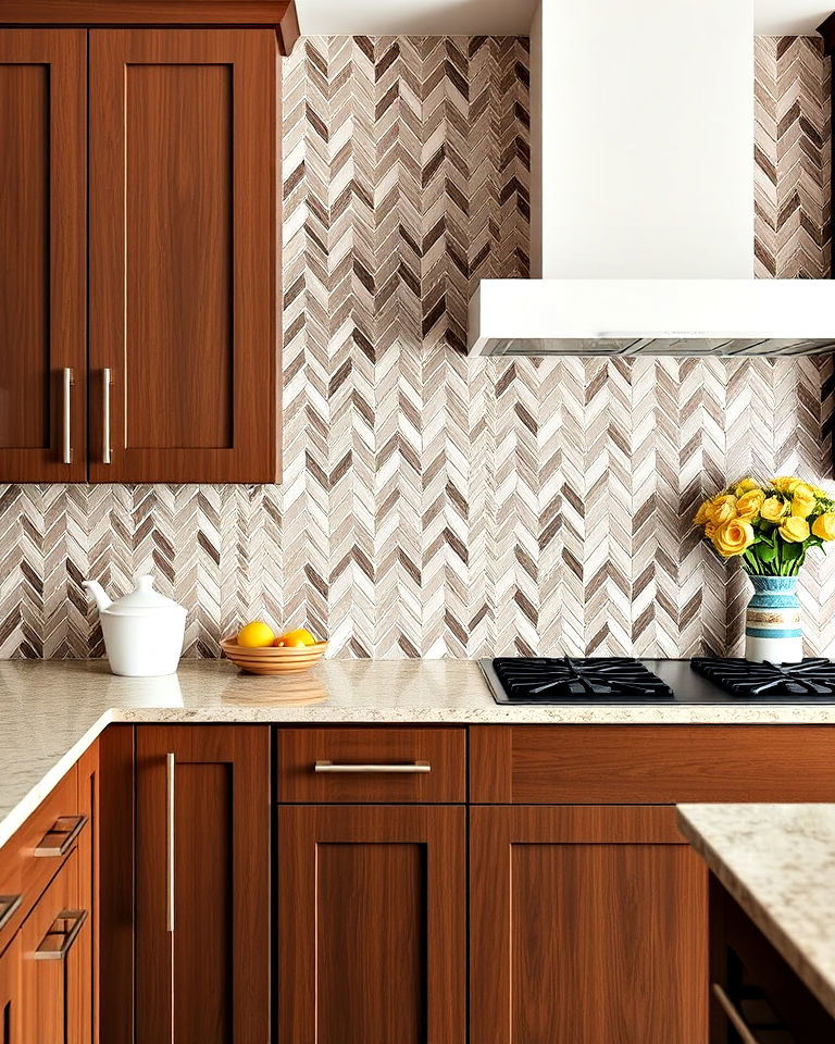 herringbone tile backsplash with brown cabinets - 25 Brown Kitchen Cabinets Ideas