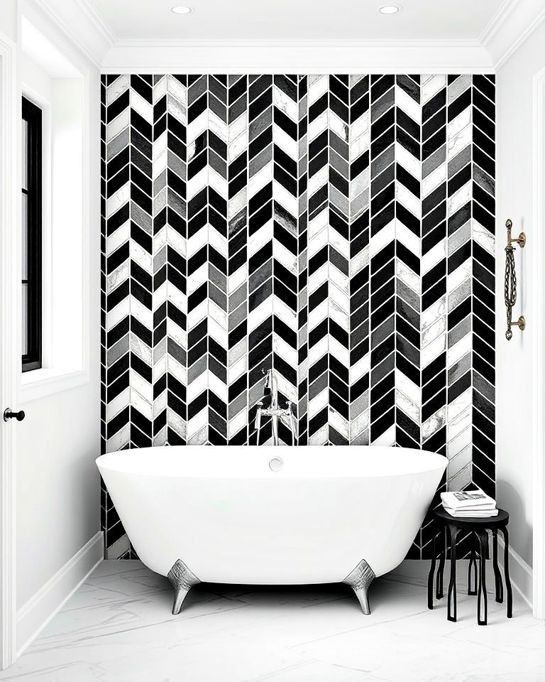 herringbone tiles for black and white bathroom - 20 Black and White Bathroom Tile Ideas
