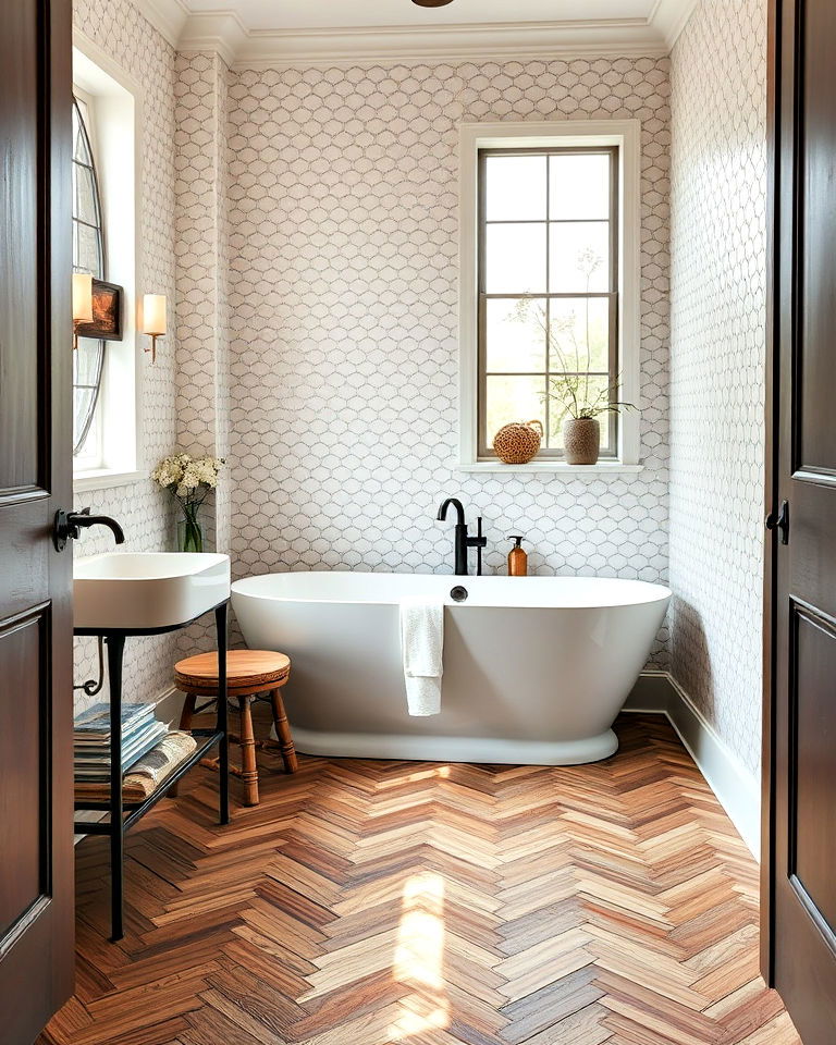 herringbone wood pattern bathroom floor - 25 Ideas for Wood Floors in Bathrooms