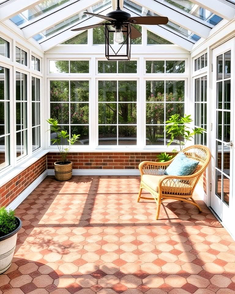 hexagonal brick tiles to add unique twist - 20 Brick Floor Sunroom Ideas