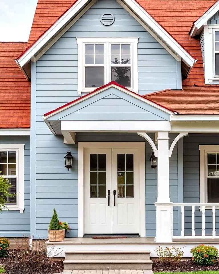 hickory brown roof for dusty blue home exterior - 25 Blue Exterior Home With a Brown Roof Ideas