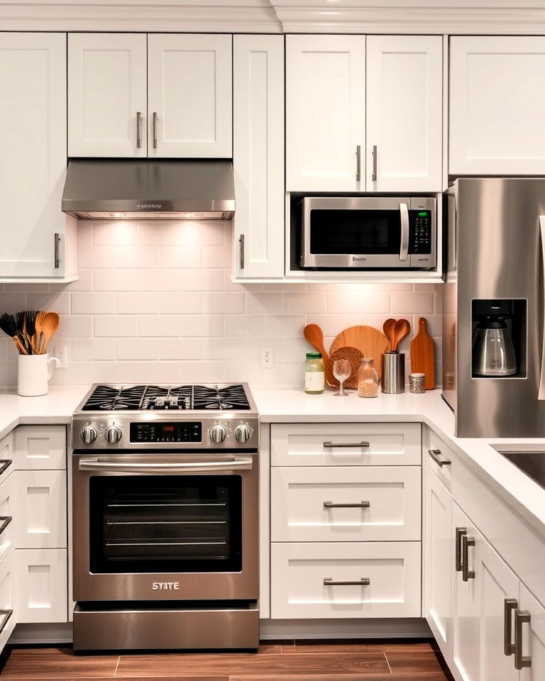 hidden storage for streamlined look - 25 White Kitchen with Stainless Steel Appliances Ideas