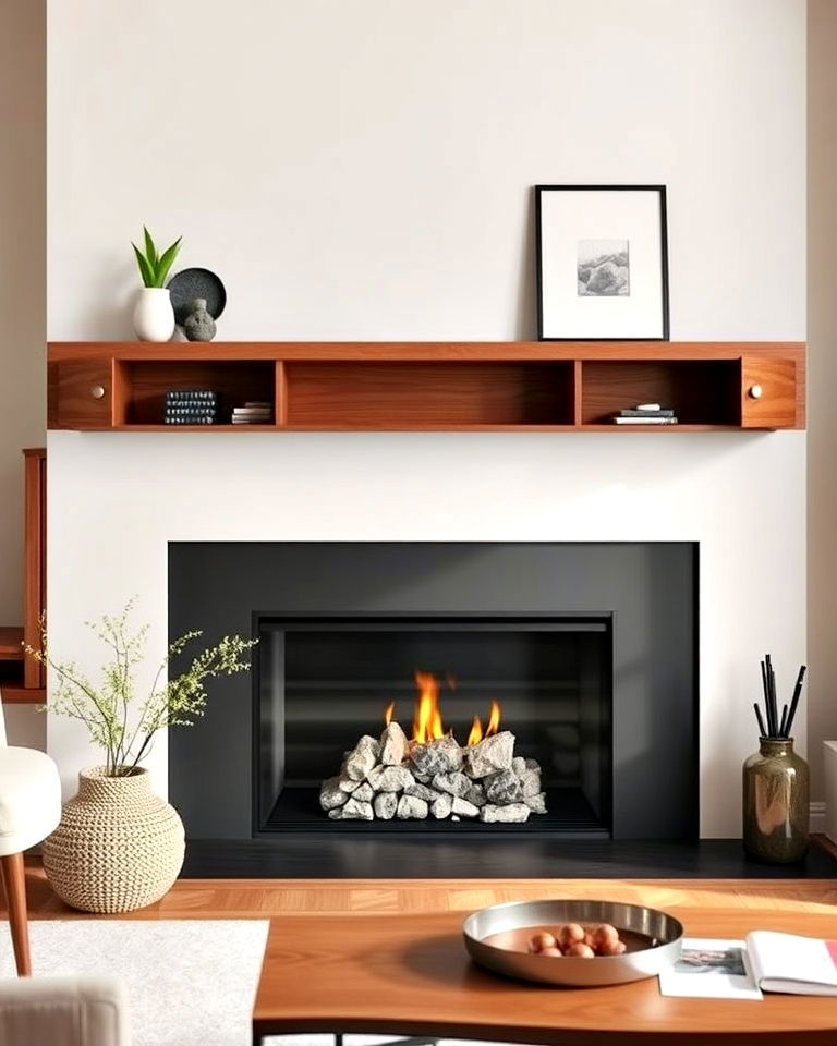 hidden storage with floating shelf - 20 Wood Fireplace Mantel Ideas