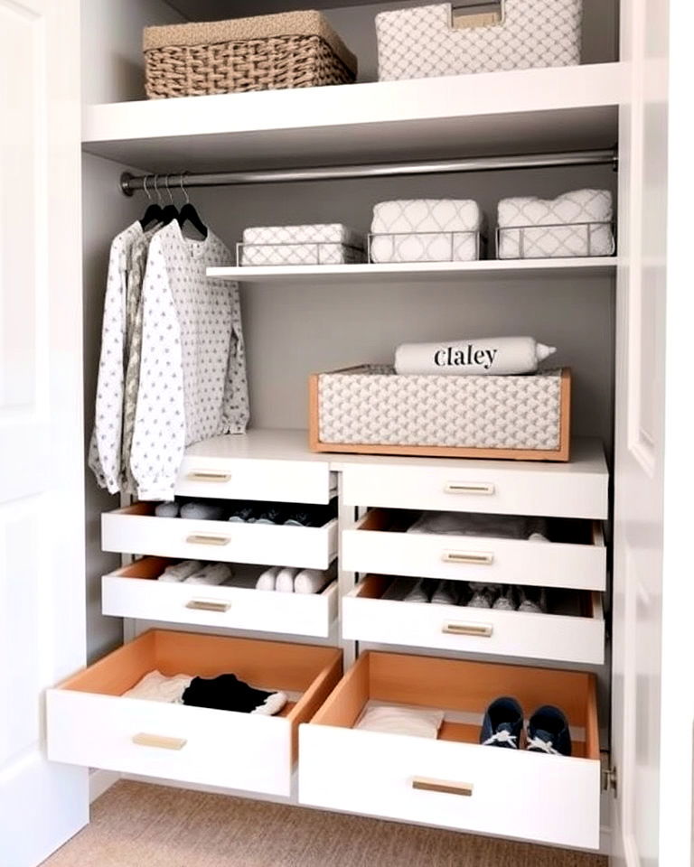 hidden storage with pull out drawers - 25 Nursery Closet Ideas