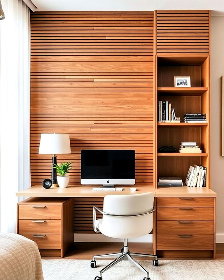 hidden storage within slat accent wall - 40 Wood Slat Accent Wall Ideas