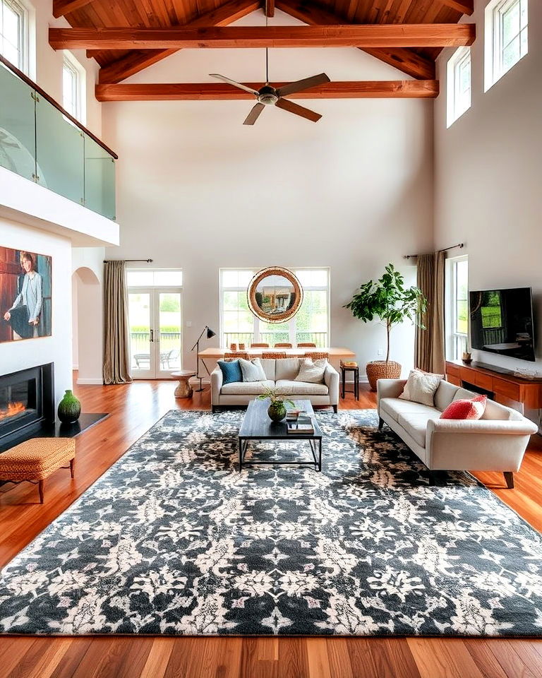high ceiling living room with a statement rug - 25 High Ceiling Living Room Ideas