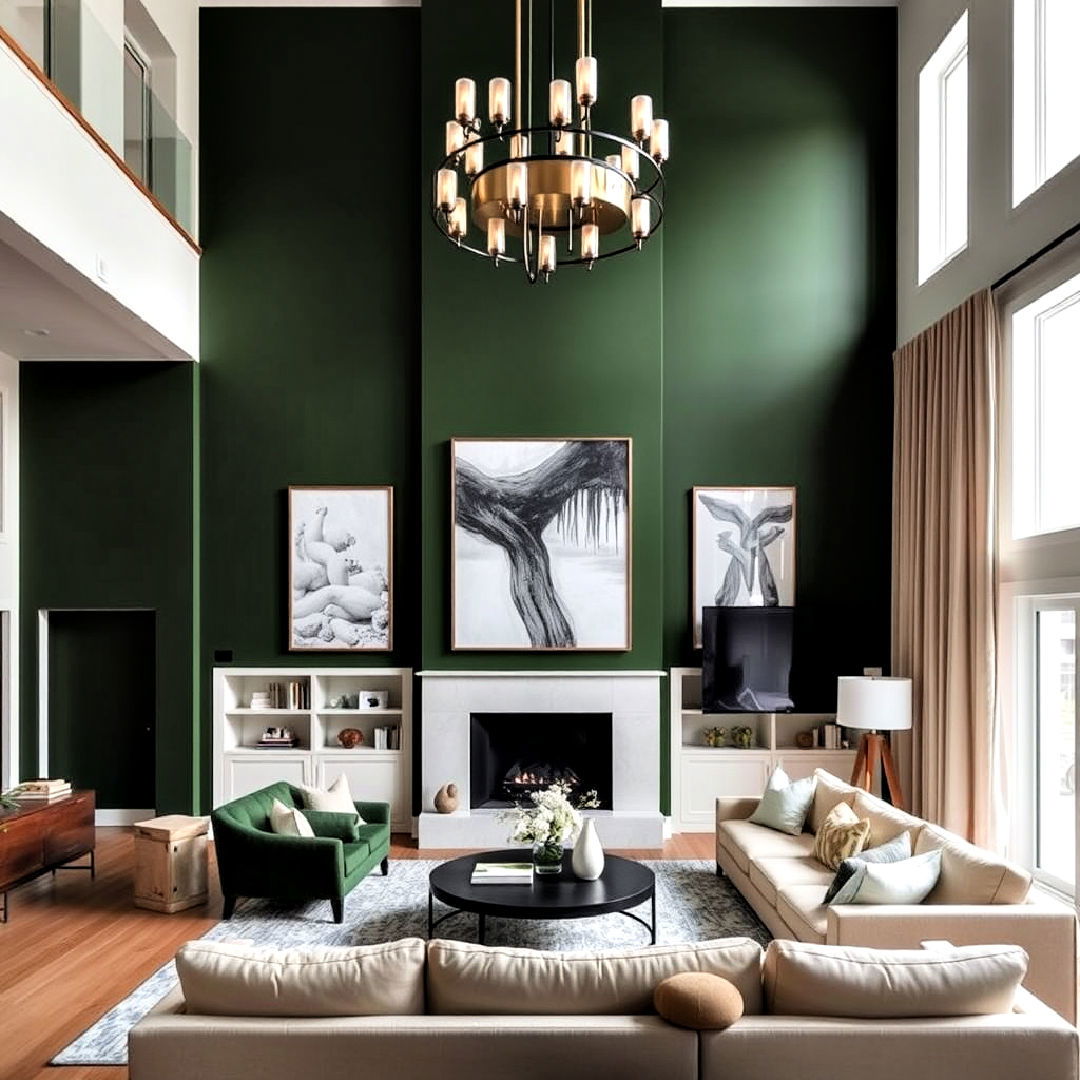 high ceiling living room with dark green accent wall - 40 Dark Green Accent Wall Ideas
