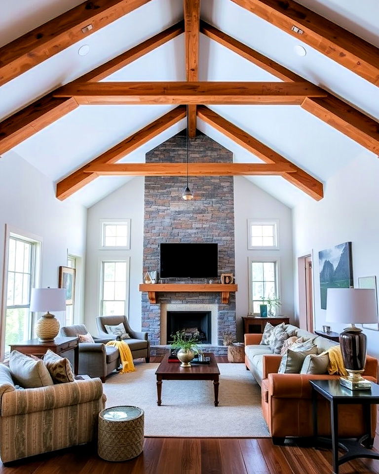 high ceiling living room with exposed beams - 25 High Ceiling Living Room Ideas