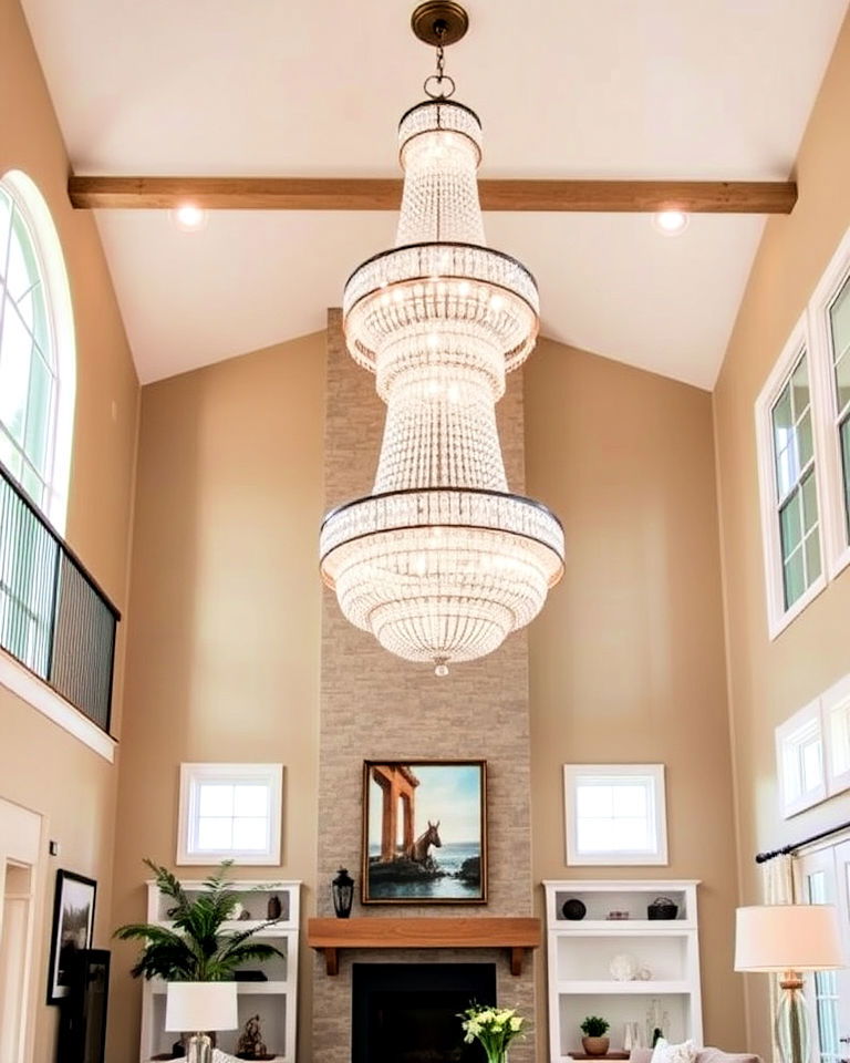 high ceiling living room with statement chandelier - 25 High Ceiling Living Room Ideas