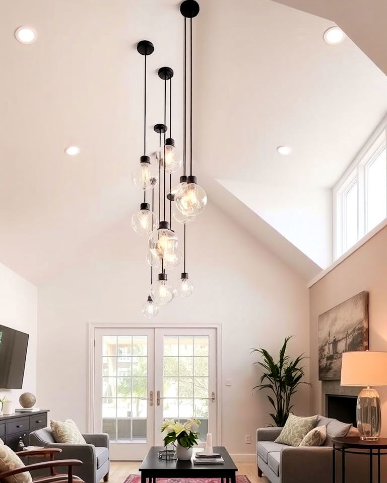 high ceiling living room with suspended lighting - 25 High Ceiling Living Room Ideas