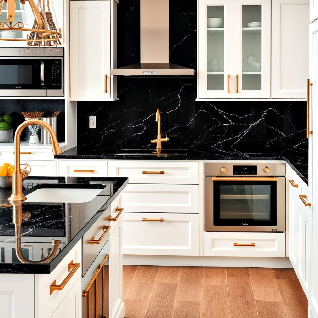 high contrast black granite countertops - 25 Black White and Gold Kitchen Ideas