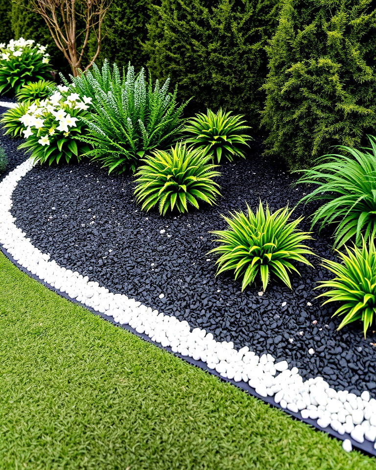 high contrast black mulch with white gravel - 25 Black Mulch Landscaping Ideas