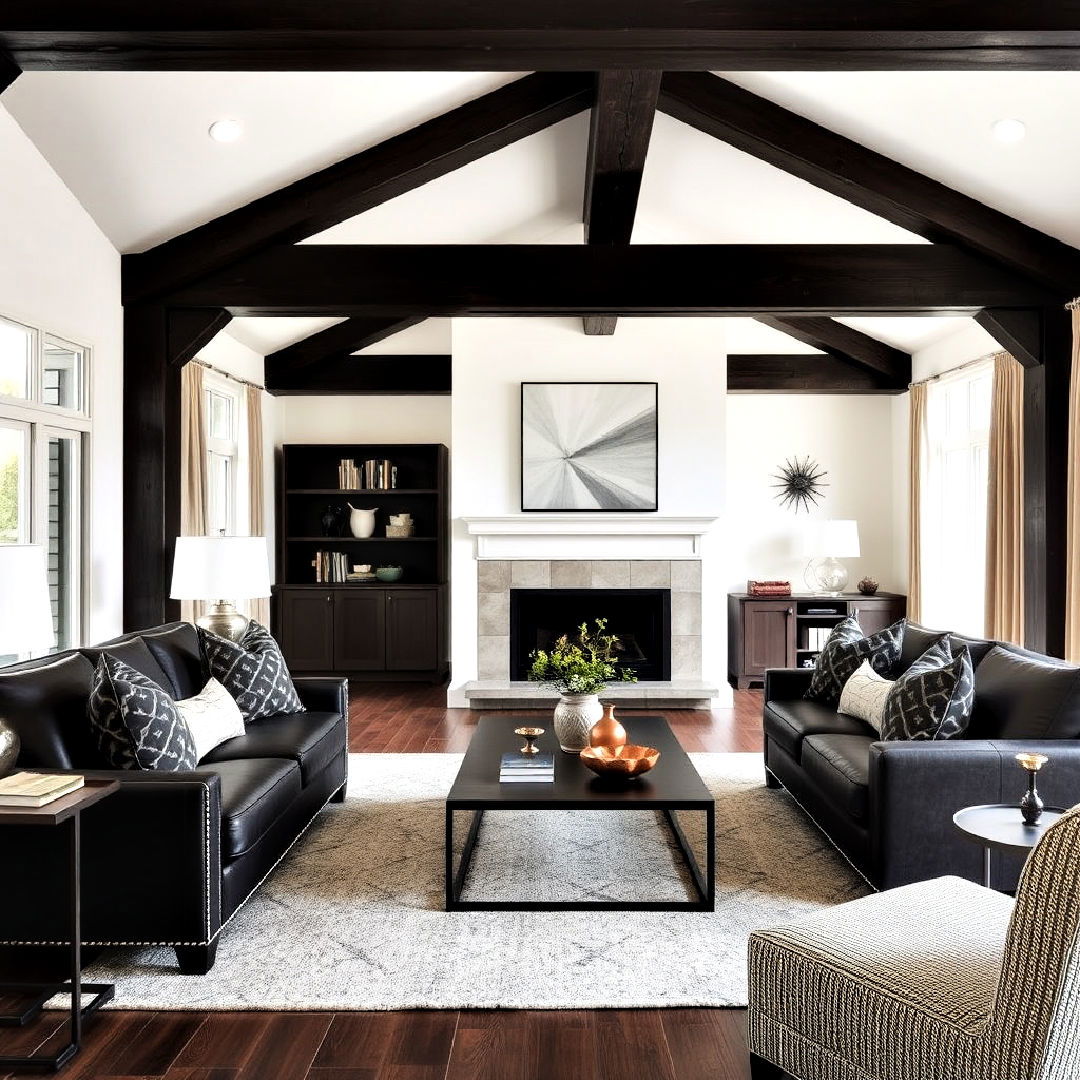 high contrast exposed beams for living room - 25 Exposed Beam Living Room Ideas