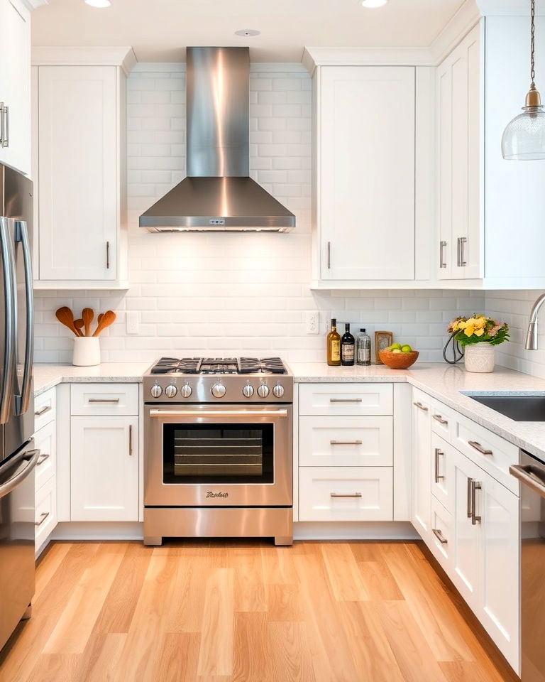 high contrast white cabinets and stainless steel appliances - 25 Kitchen With Stainless Steel Appliances