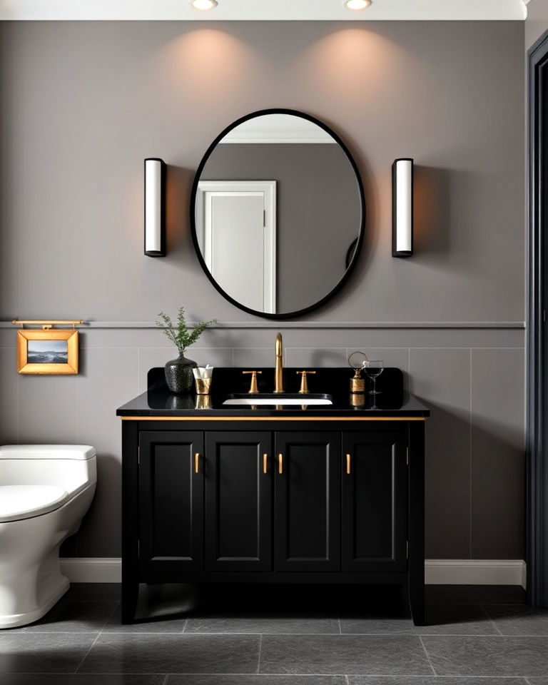 high end look black vanity with gold trim - 20 Black Vanity Bathroom Ideas