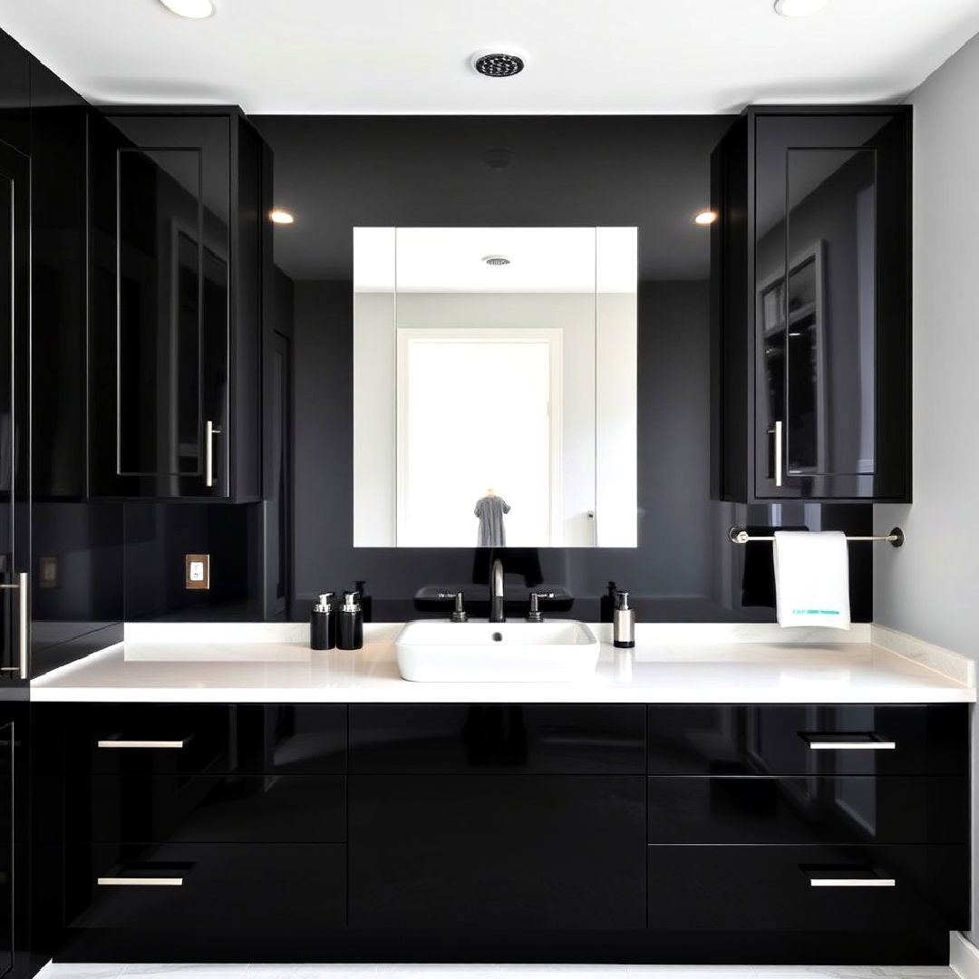 high gloss black cabinets for luxe look - 25 Bathroom With Black Cabinets Ideas