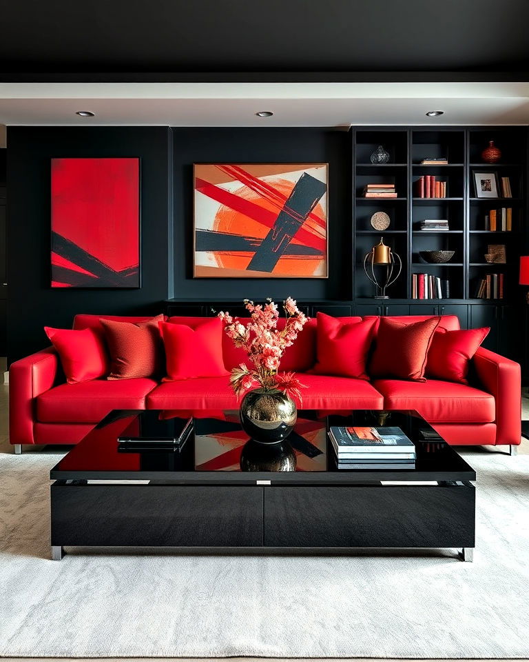 high gloss black coffee table - 25 Black and Red Living Room Ideas
