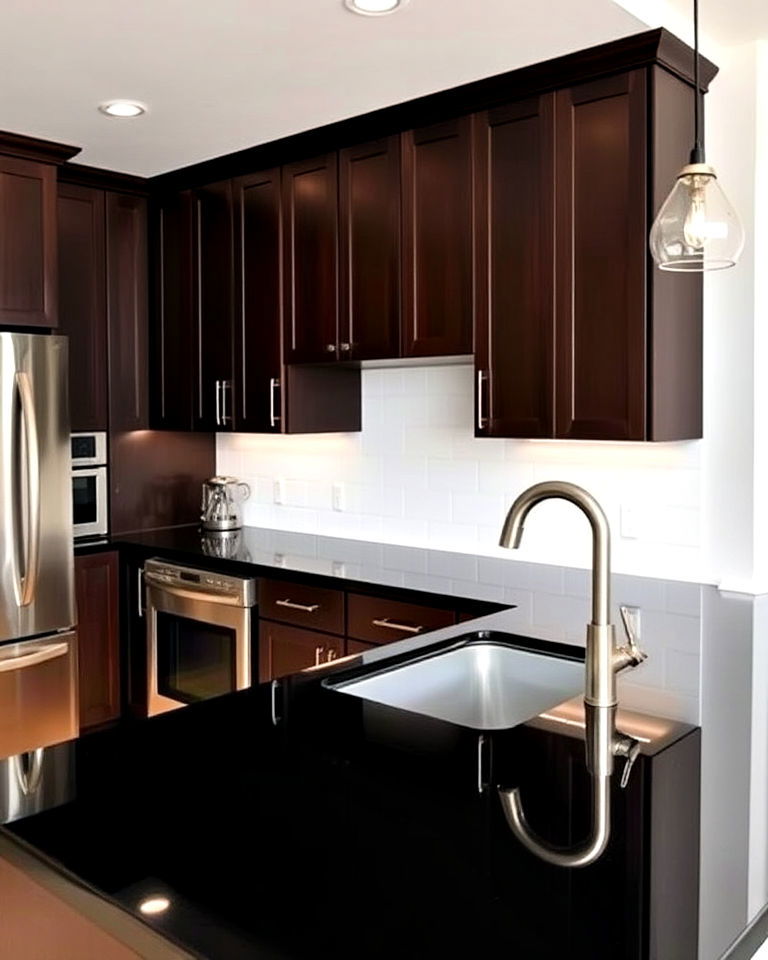 high gloss black countertops with dark brown cabinets - 20 Kitchen with Brown Cabinets and Black Countertops Ideas