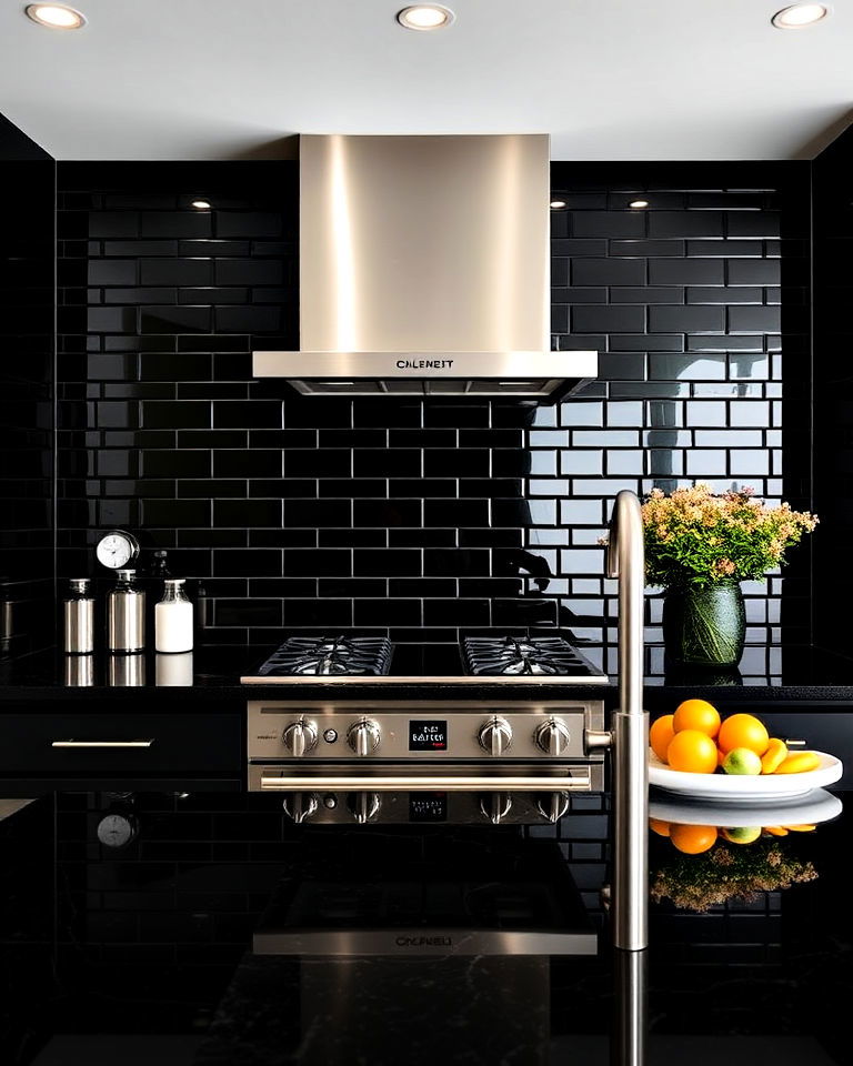 high gloss black tiles for kitchen backsplash - 30 Kitchen With Black Backsplash