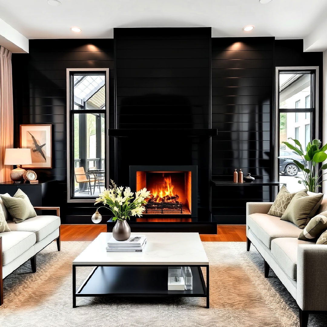 high gloss finish shiplap fireplace - 40 Black Shiplap Fireplace Ideas