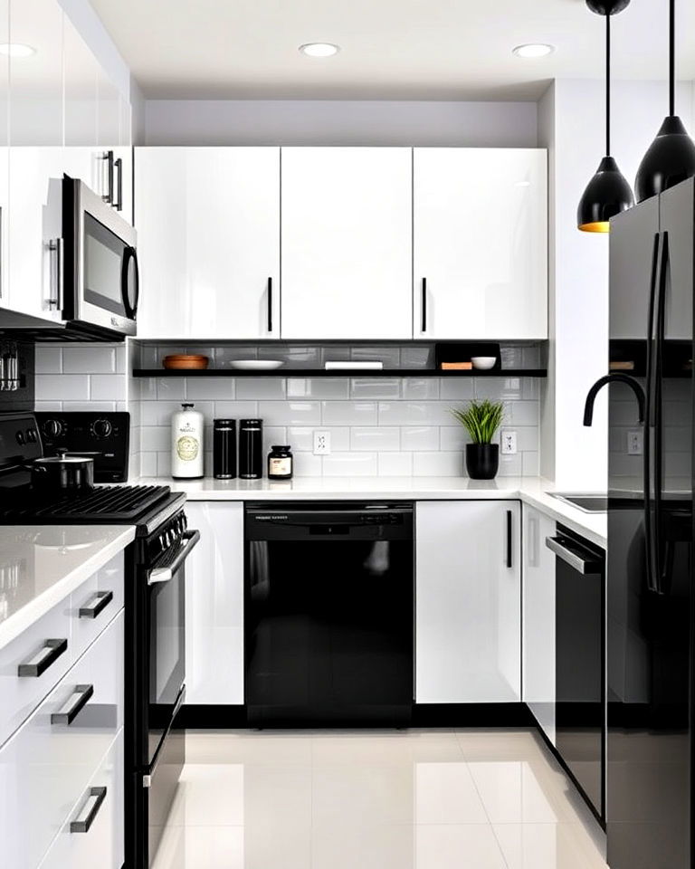 high gloss white cabinet with glossy black appliances - 25 White Kitchen with Black Appliances Ideas