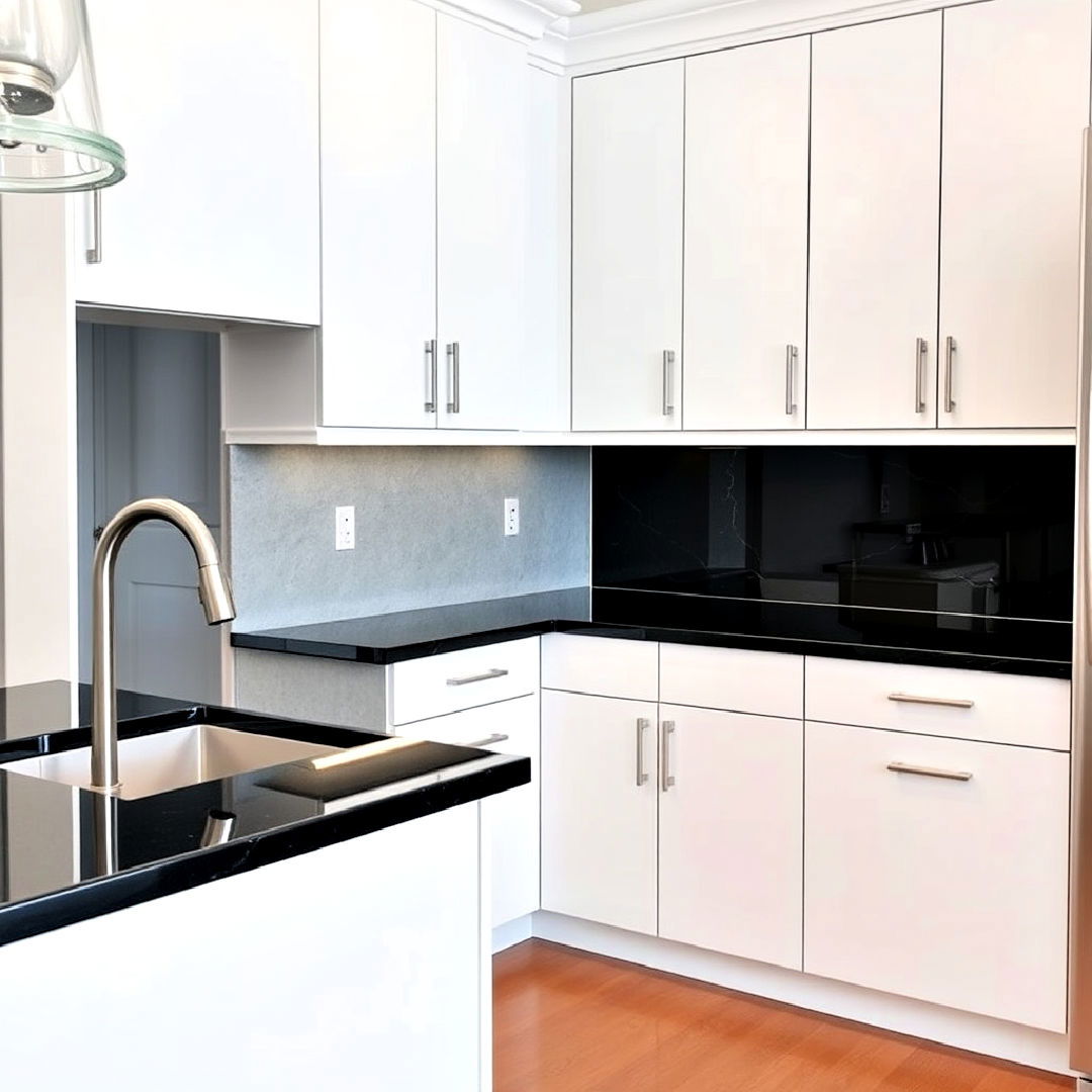 high gloss white cabinets with black granite countertop - 40 White Kitchen With Black Countertops Ideas