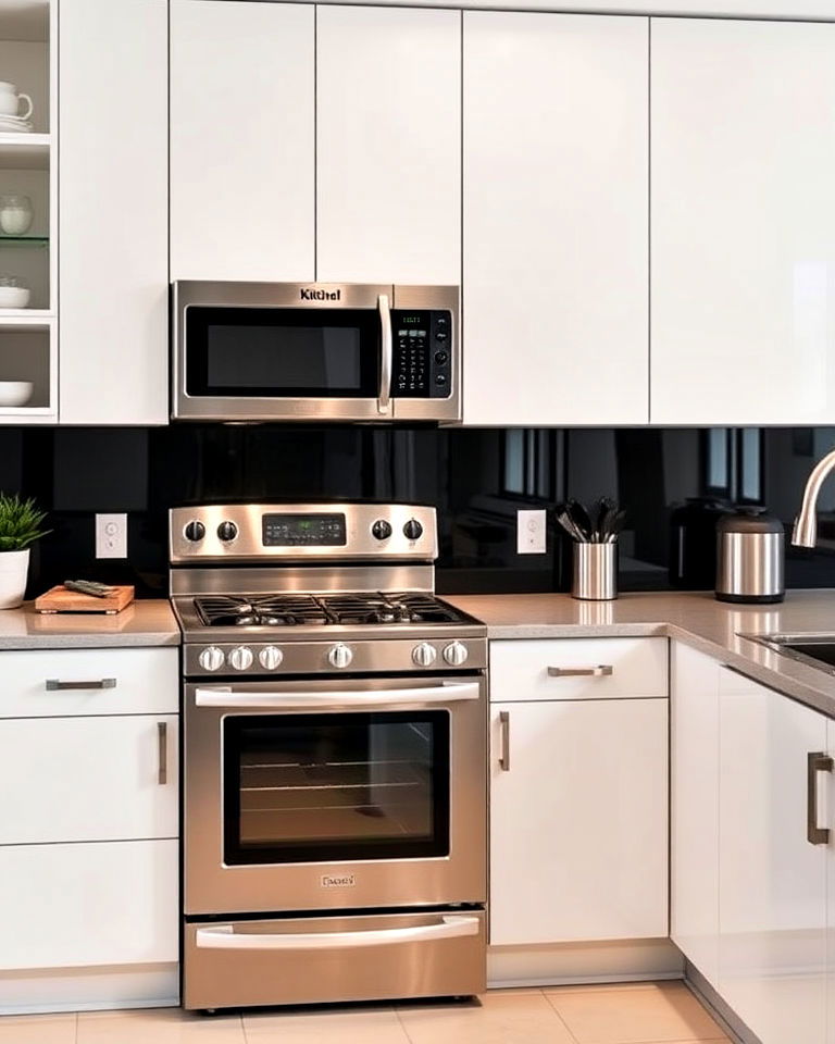 high gloss white cabinets - 25 White Kitchen with Stainless Steel Appliances Ideas