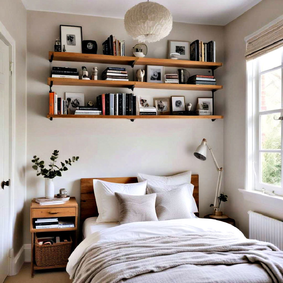 high shelving to keep floor space clear - 40 Small Bedroom Ideas