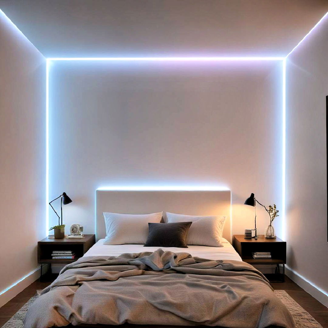 highlight corners with vertical neon light strips - 30 Neon Bedroom Ideas