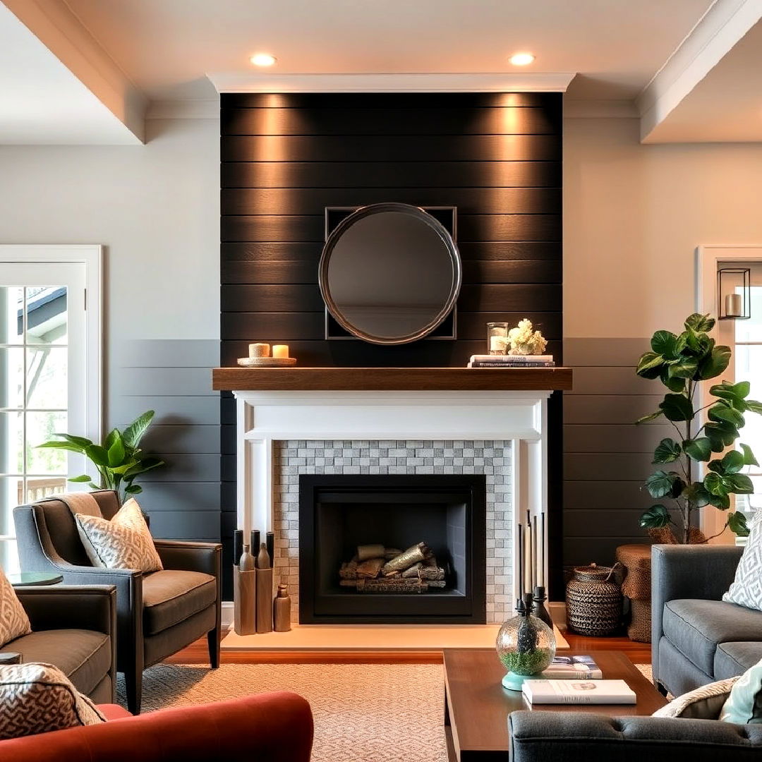 highlight with accent lighting - 40 Black Shiplap Fireplace Ideas