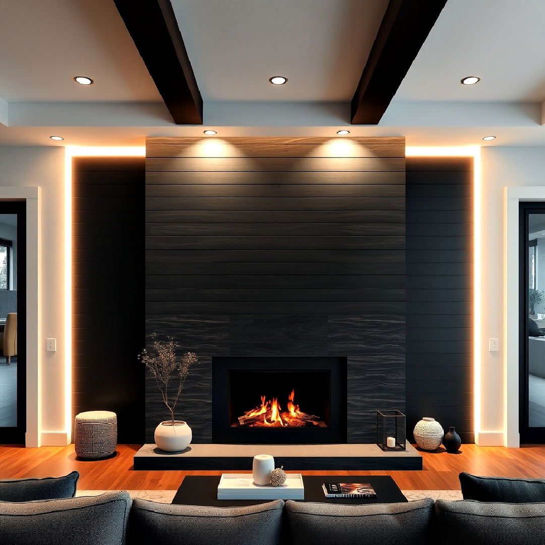 highlight with recessed lighting - 40 Black Shiplap Fireplace Ideas