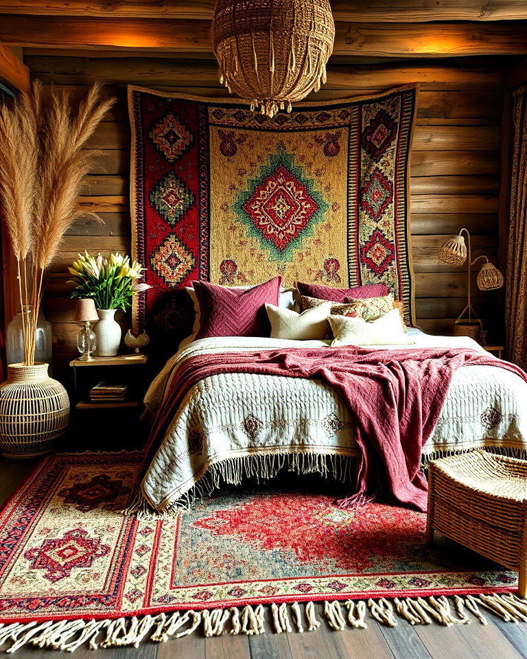 hippie aesthetic layered rugs - 25 Hippie Bedroom Ideas