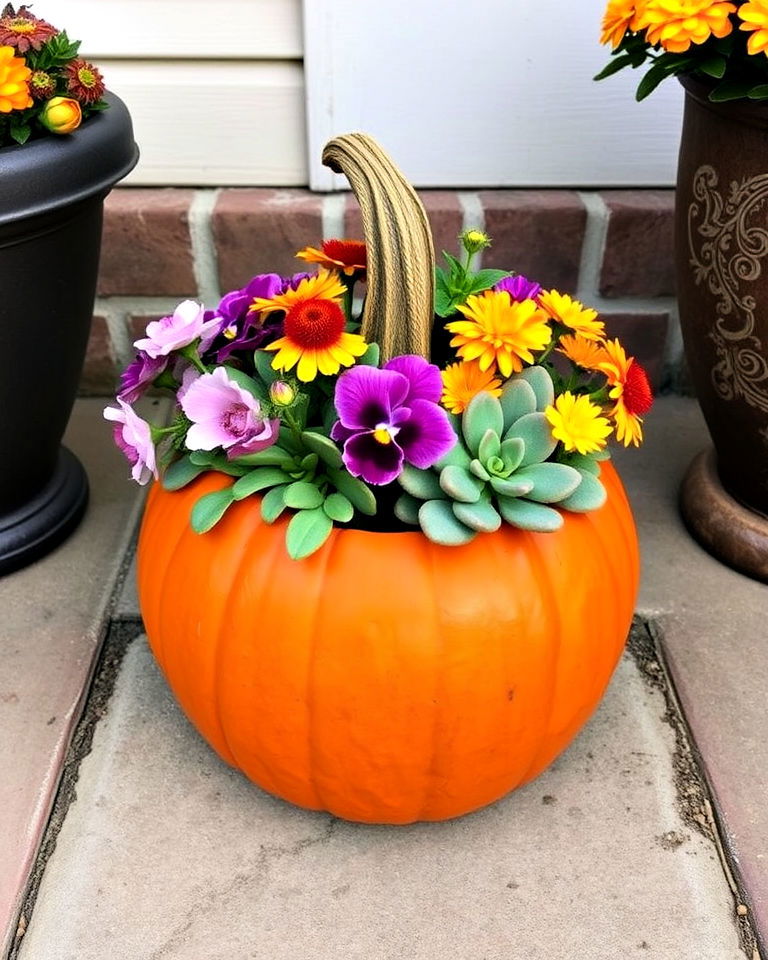 hollowed out pumpkin as planter - 40 Fall Planter Ideas