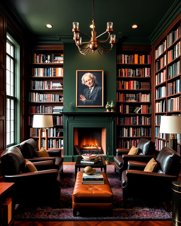 home library with dark green accent wall - 40 Dark Green Accent Wall Ideas