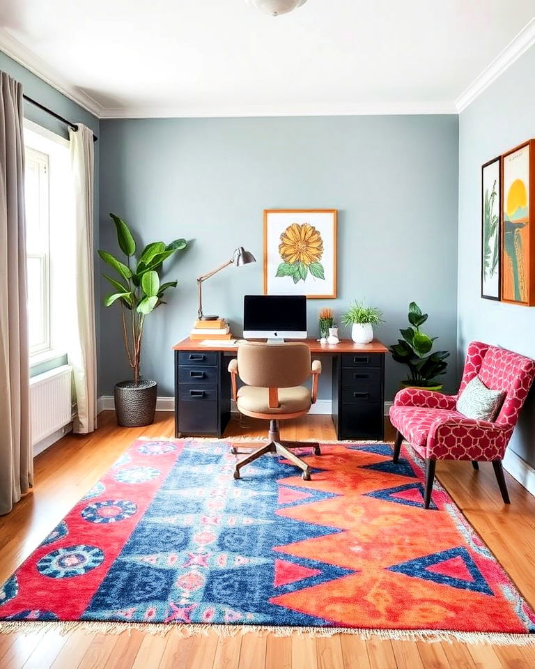 home office with bold graphic rug - 25 Eclectic Home Office Ideas