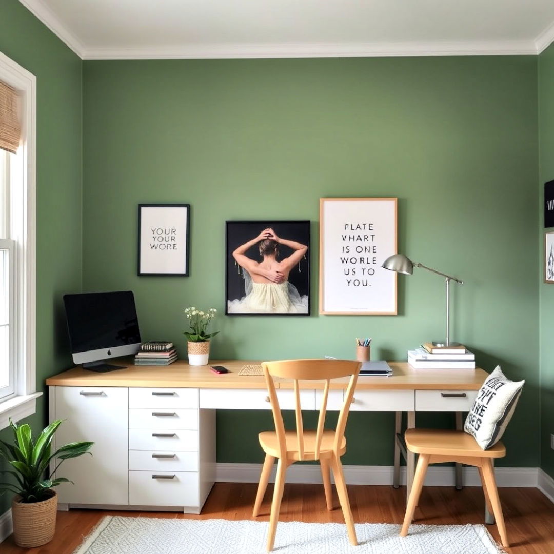 home office with painted sage green walls - 40 Sage Green Paint Color Ideas