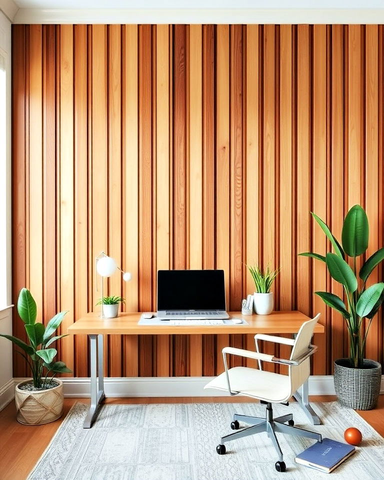 home office with slat accent wall - 40 Wood Slat Accent Wall Ideas