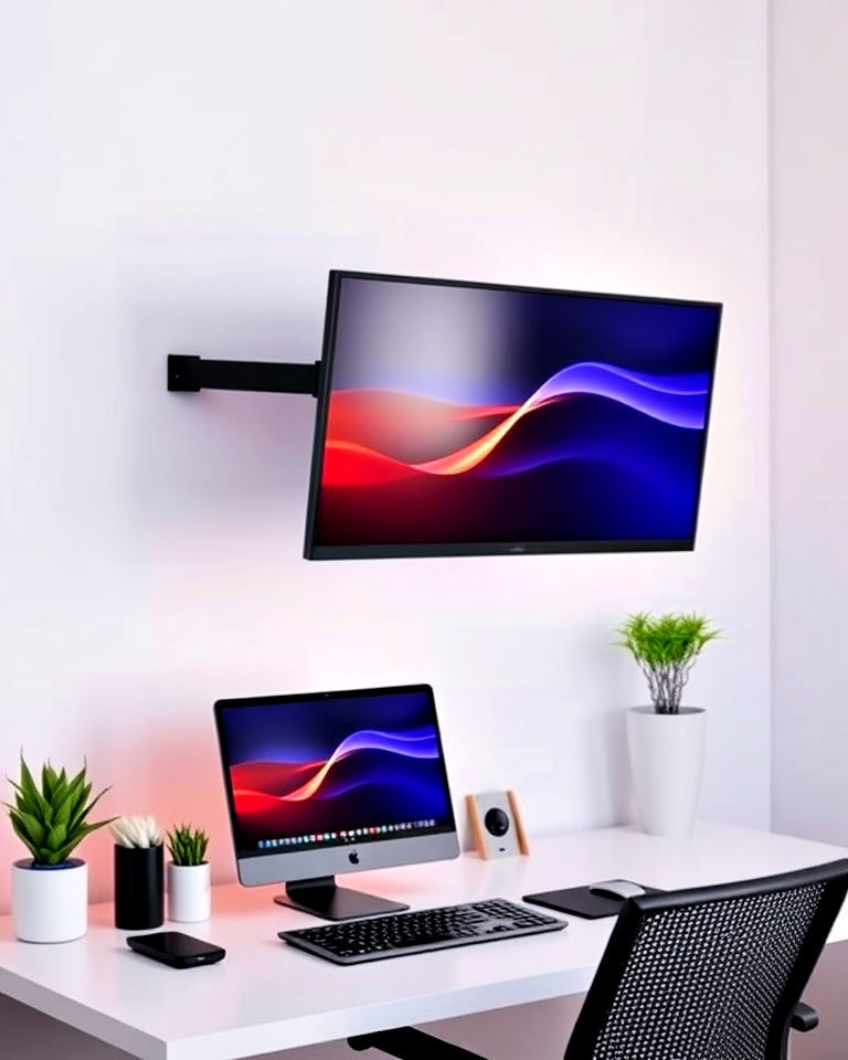 home office with wall mounted monitor setup - 40 Modern Home Office Ideas