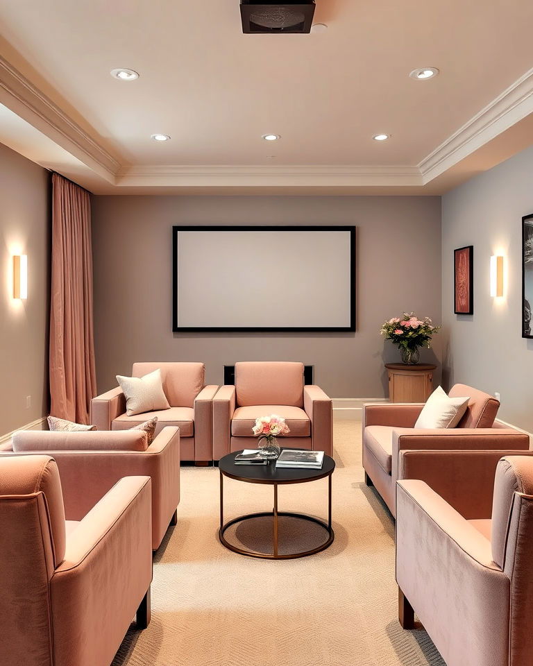 home theater with cloudy gray and blush pink paint color - 20 Gray Home Theater Paint Color Schemes