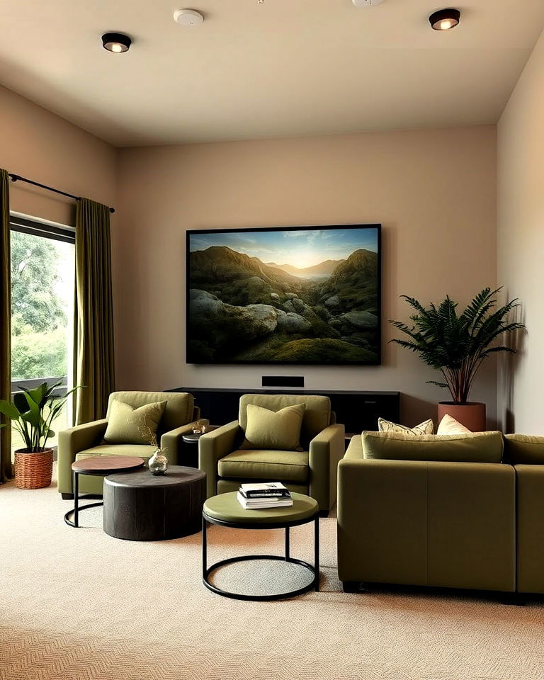 home theater with greige and olive green color - 20 Gray Home Theater Paint Color Schemes