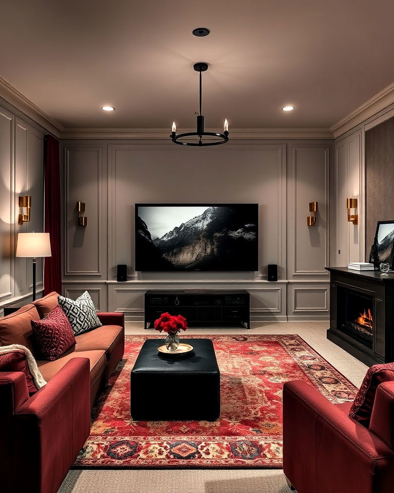 home theater with pebble gray and maroon color - 20 Gray Home Theater Paint Color Schemes